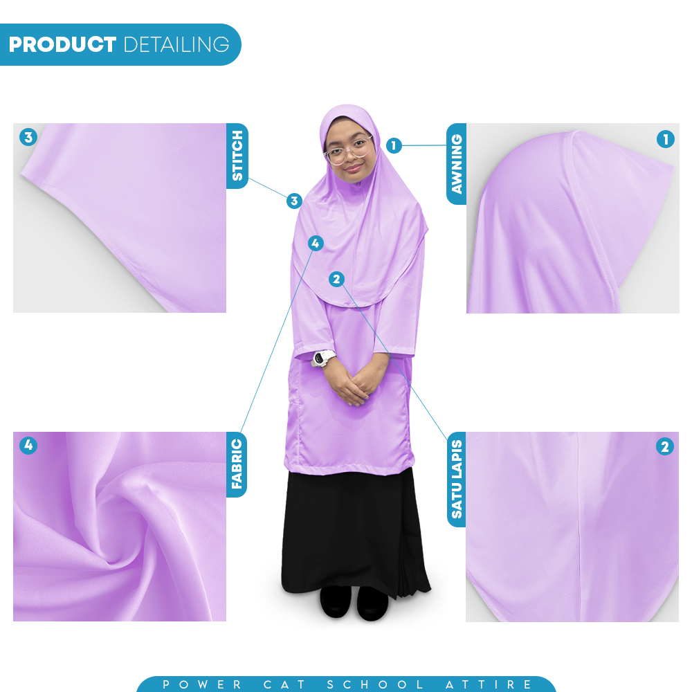 POWER CAT Tudung Sekolah Ungu Selapis Owning Lembut | Size XS-L | Purple Colour School Uniform Tudung One Layer