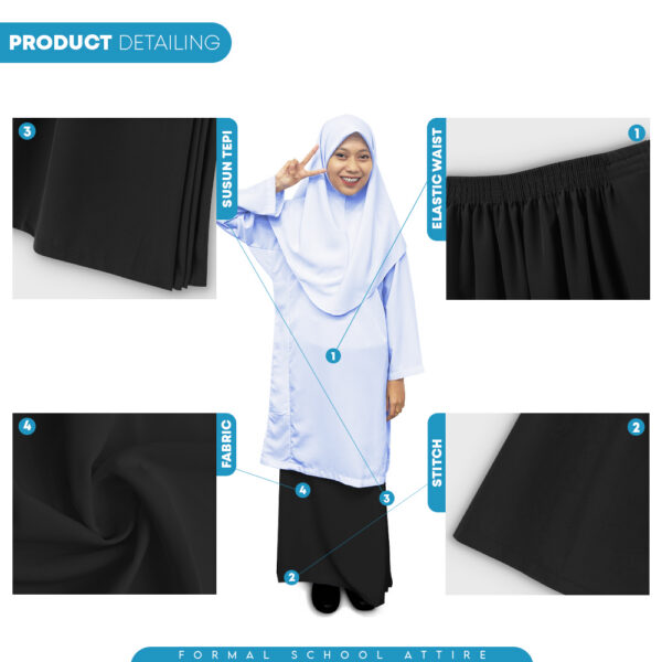 POWER CAT Kain Kurung Sekolah Hitam Licin Susun Tepi | Size 26-2XL | Black School Uniform Koshibo Kurung Skirt
