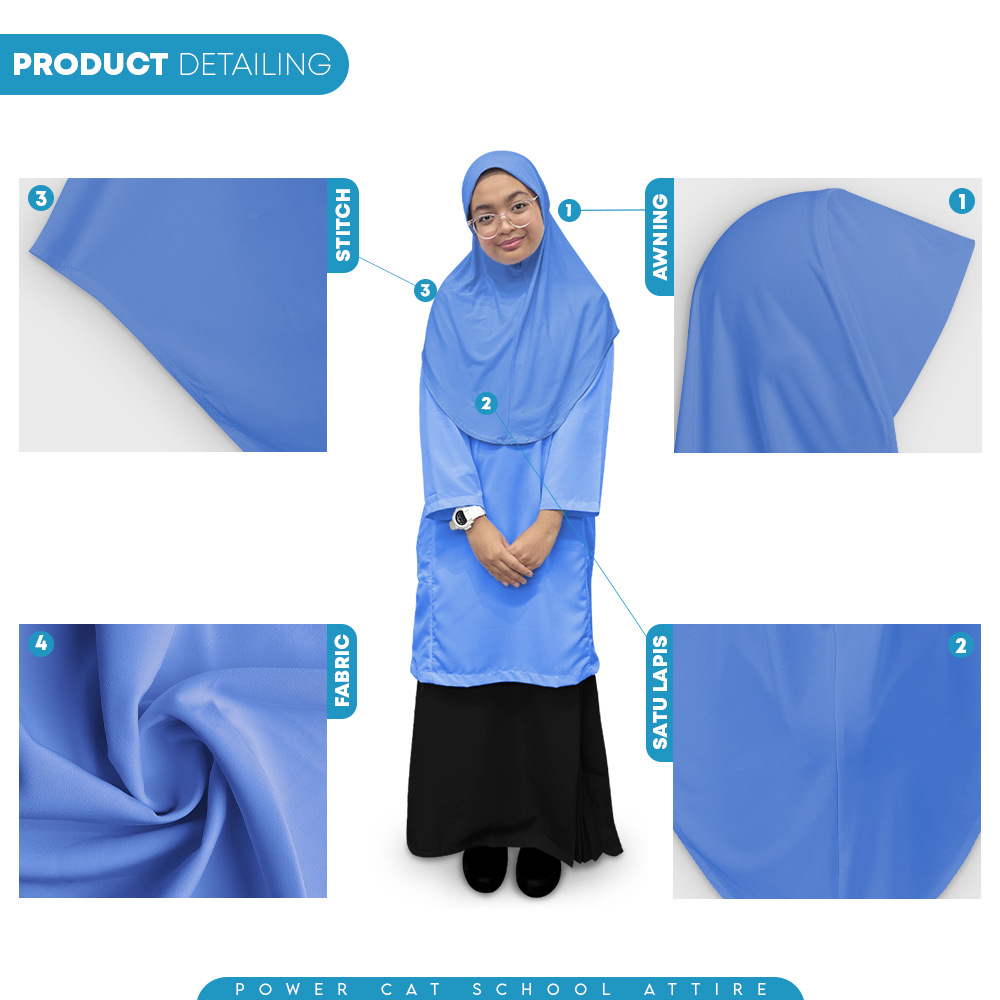 POWER CAT Tudung Sekolah Biru Selapis Owning Lembut | Size XS-L | Blue Colour School Uniform Tudung One Layer