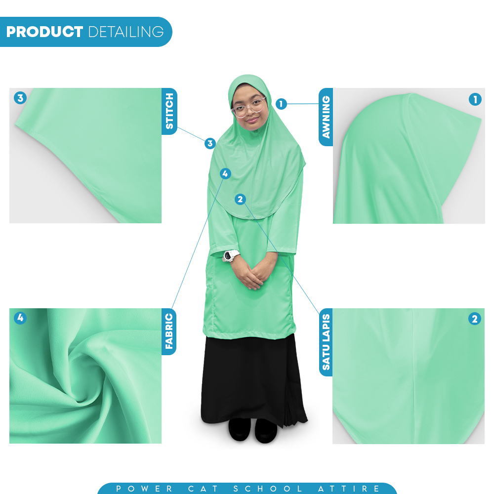 POWER CAT Tudung Sekolah Hijau Muda Selapis Owning Lembut | Size XS-L | Green Colour School Uniform Tudung One Layer