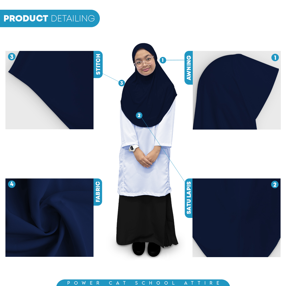 POWER CAT Tudung Sekolah Biru Gelap Selapis Owning Lembut | Size XS-L | Navy Blue Colour School Uniform Tudung One Layer
