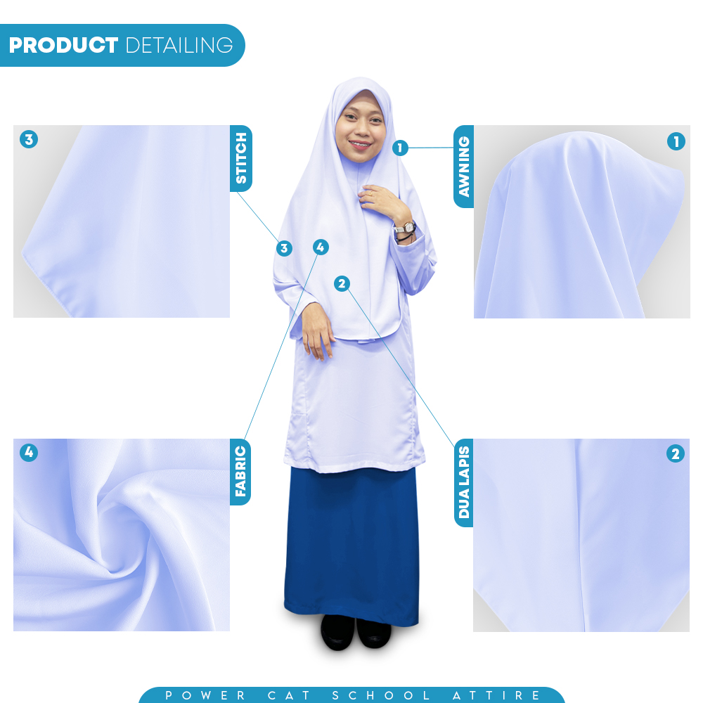 POWER CAT Tudung Putih Labuh 2 Lapis Licin | Size S-XL | White School Uniform Tudung Two Layer | School Hijab