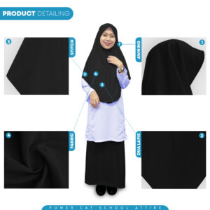 POWER CAT Tudung Hitam Labuh 2 Lapis Licin | Size S-XL | Black School Uniform Tudung Two Layer | School Hijab - Image 5