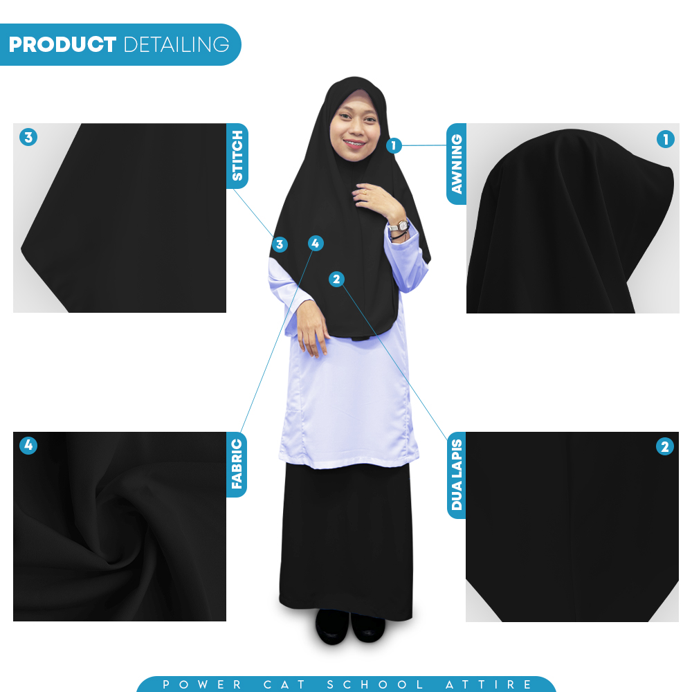 POWER CAT Tudung Hitam Labuh 2 Lapis Licin | Size S-XL | Black School Uniform Tudung Two Layer | School Hijab