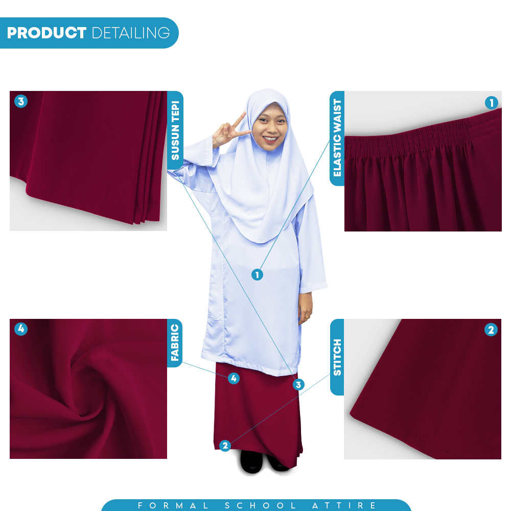 POWER CAT Kain Kurung Sekolah Merun Licin Susun Tepi | Size 26-2XL | Maroon School Uniform Koshibo Kurung Skirt - Image 5