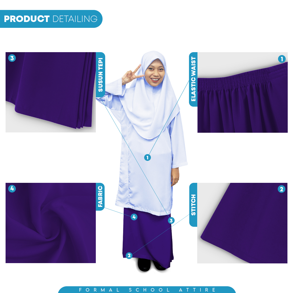 POWER CAT Kain Kurung Sekolah Ungu Licin Susun Tepi | Size 26-2XL | Purple School Uniform Koshibo Kurung Skirt - Image 5