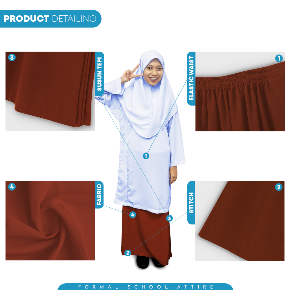 POWER CAT Kain Kurung Sekolah Coklat Licin Susun Tepi | Size 26-2XL | Brown School Uniform Koshibo Kurung Skirt - Image 5