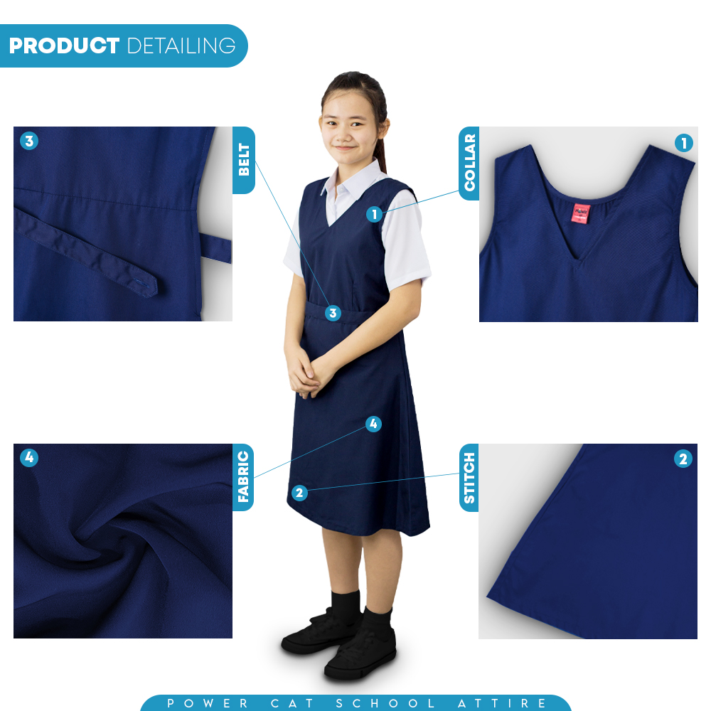 POWER CAT Pinafore Sekolah Rendah Biru Gelap SRK Cotton | Size: 24-46 | Girls School Uniform Pinafore Navy Blue - Image 5