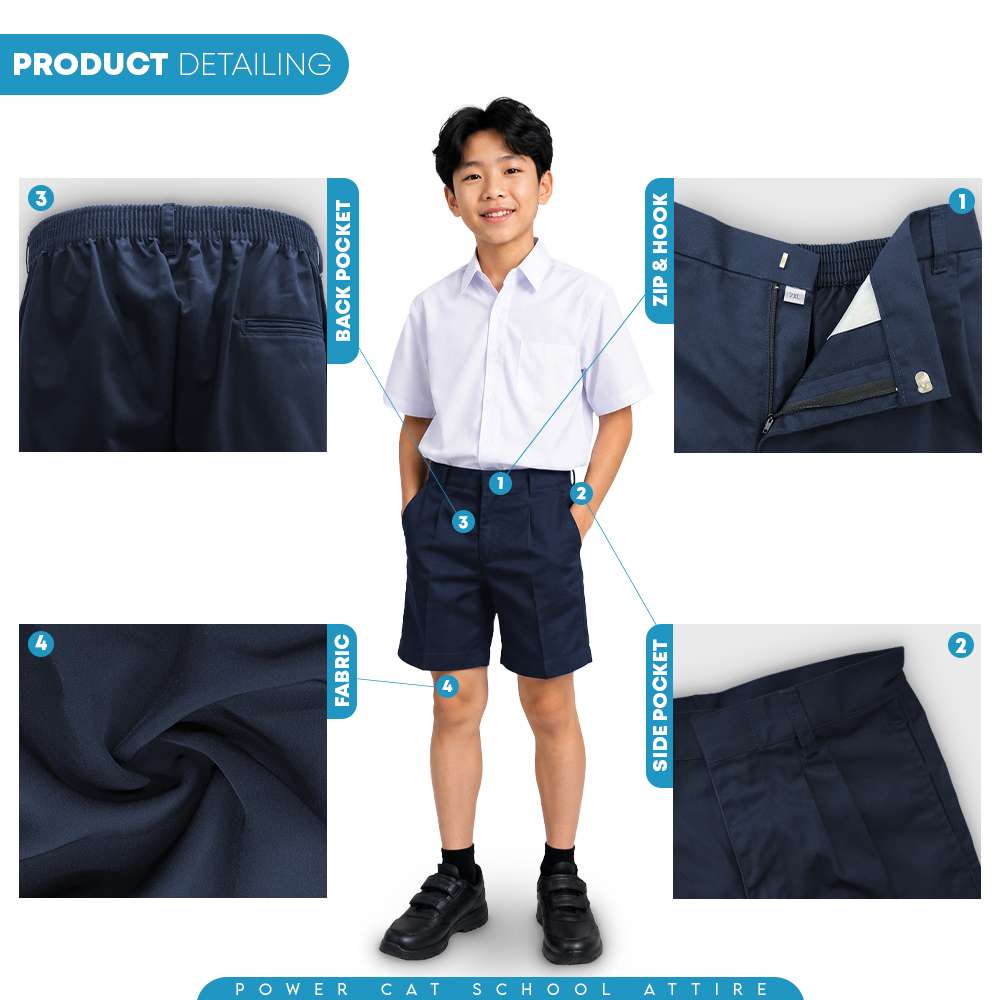 POWER CAT Seluar Pendek Sekolah Biru Gelap SRK | Size M-8XL | Navy Blue School Uniform Short Pants | Seluar Sekolah Rendah Lelaki - Image 5