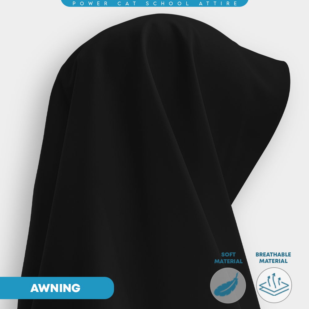 POWER CAT Tudung Hitam Labuh 2 Lapis Licin | Size S-XL | Black School Uniform Tudung Two Layer | School Hijab