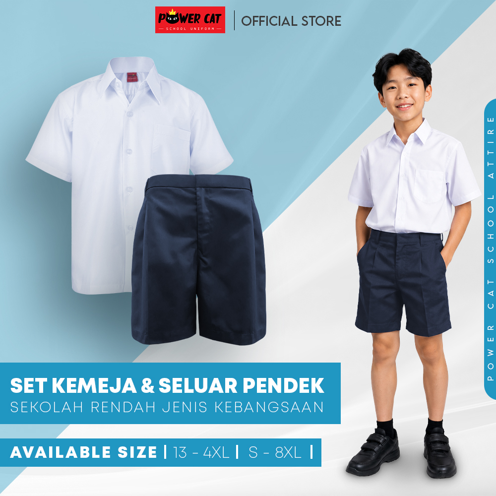 POWER CAT Kemeja Putih Nila Koshibo Lengan Pendek + Seluar Pendek Biru Gelap SRK | Set School Uniform Short Pants | Baju Size : 13-4XL | Seluar Size : M-8XL | Primary School Uniform
