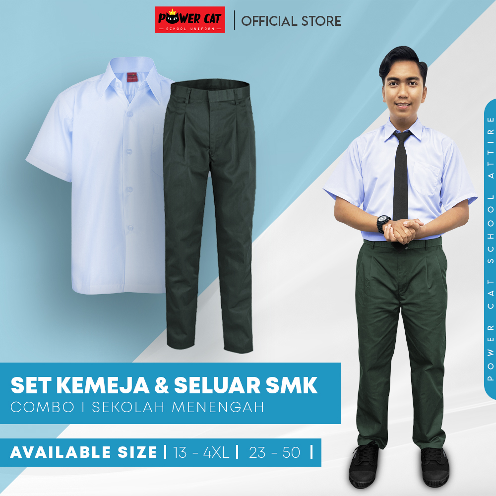 POWER CAT Kemeja Putih Nila Koshibo Lengan Pendek + Seluar Sekolah Hijau SMK | Set School Uniform Long Pants | Baju Size : 13-4XL | Seluar Size : 23-52 | Secondary School Uniform