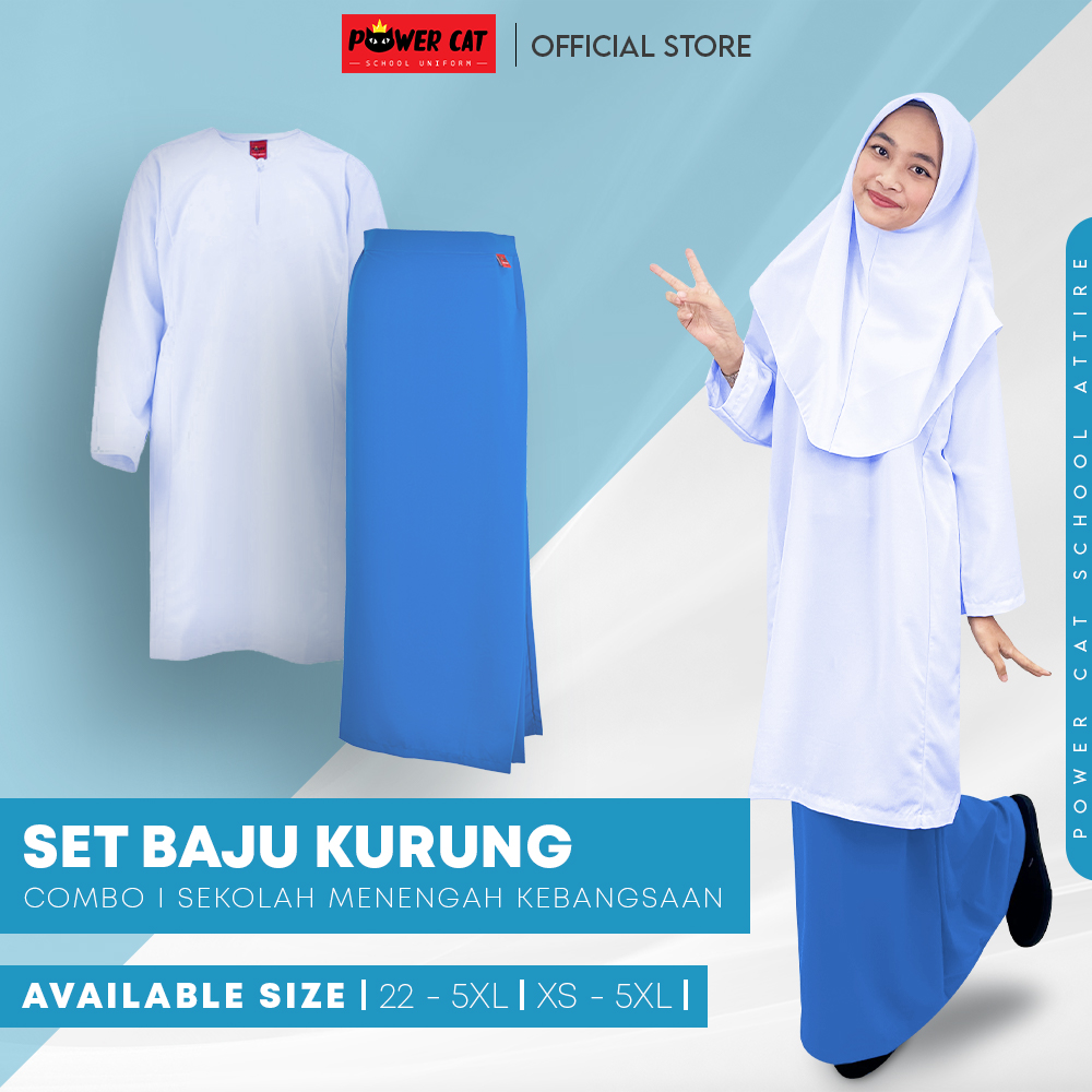 POWER CAT Sepasang Baju Kurung Biasa Koshibo Putih Nila + Kain Kurung Koshibo Biru SMK | Size : XS-5XL | Sekolah Menengah | Set Secondary School
