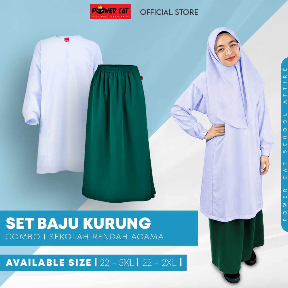 POWER CAT Sepasang Baju Kurung Cekak Koshibo Putih Nila + Kain Kurung Hijau Agama | Size : 22-2XL | Primary School Set | Set Baju Sekolah Agama