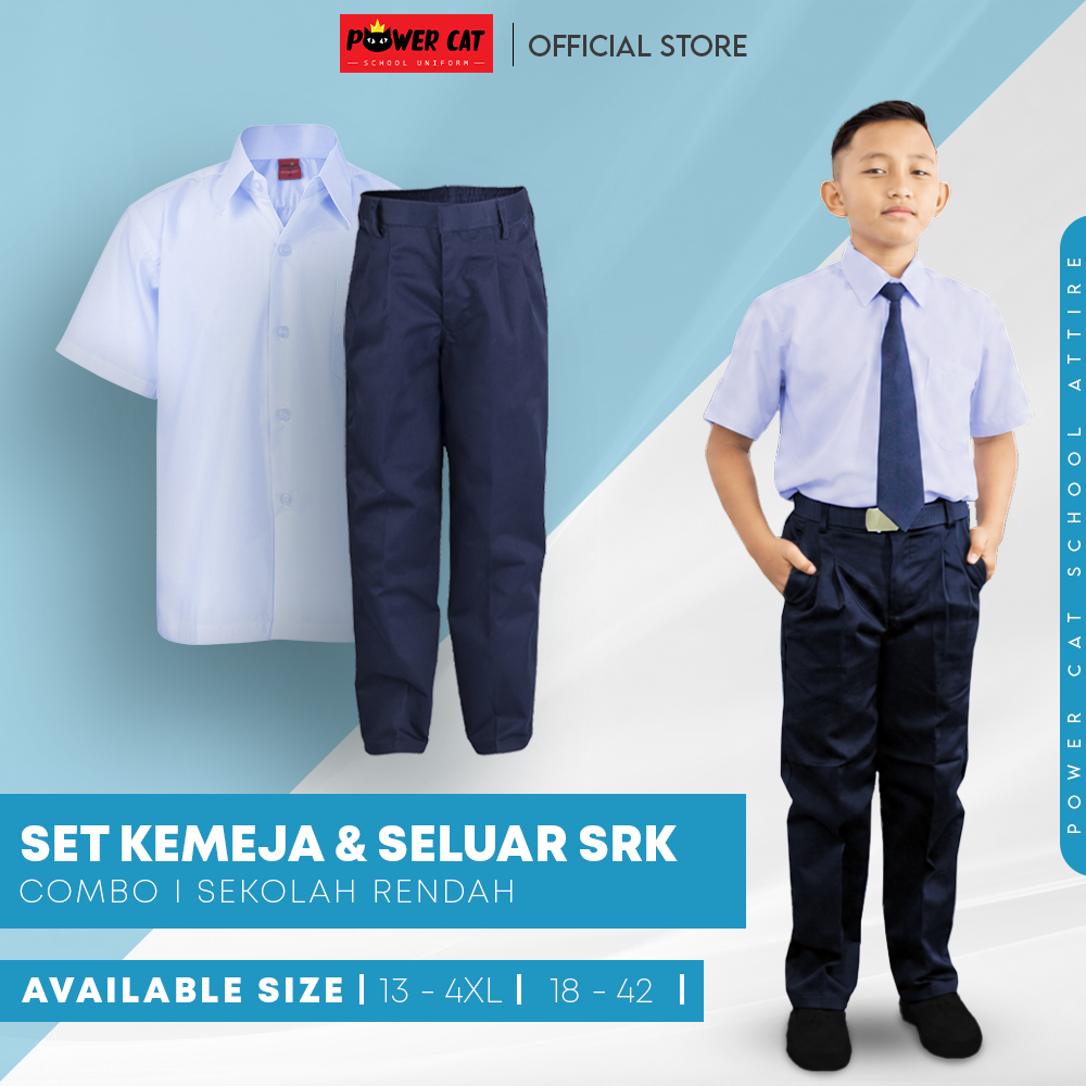 POWER CAT Kemeja Putih Nila Koshibo Lengan Pendek + Seluar Biru Gelap SRK | Set Uniform Sekolah Rendah Lelaki | Baju Size : 13-4XL | Seluar Size : 18-42 | Primary School Uniform