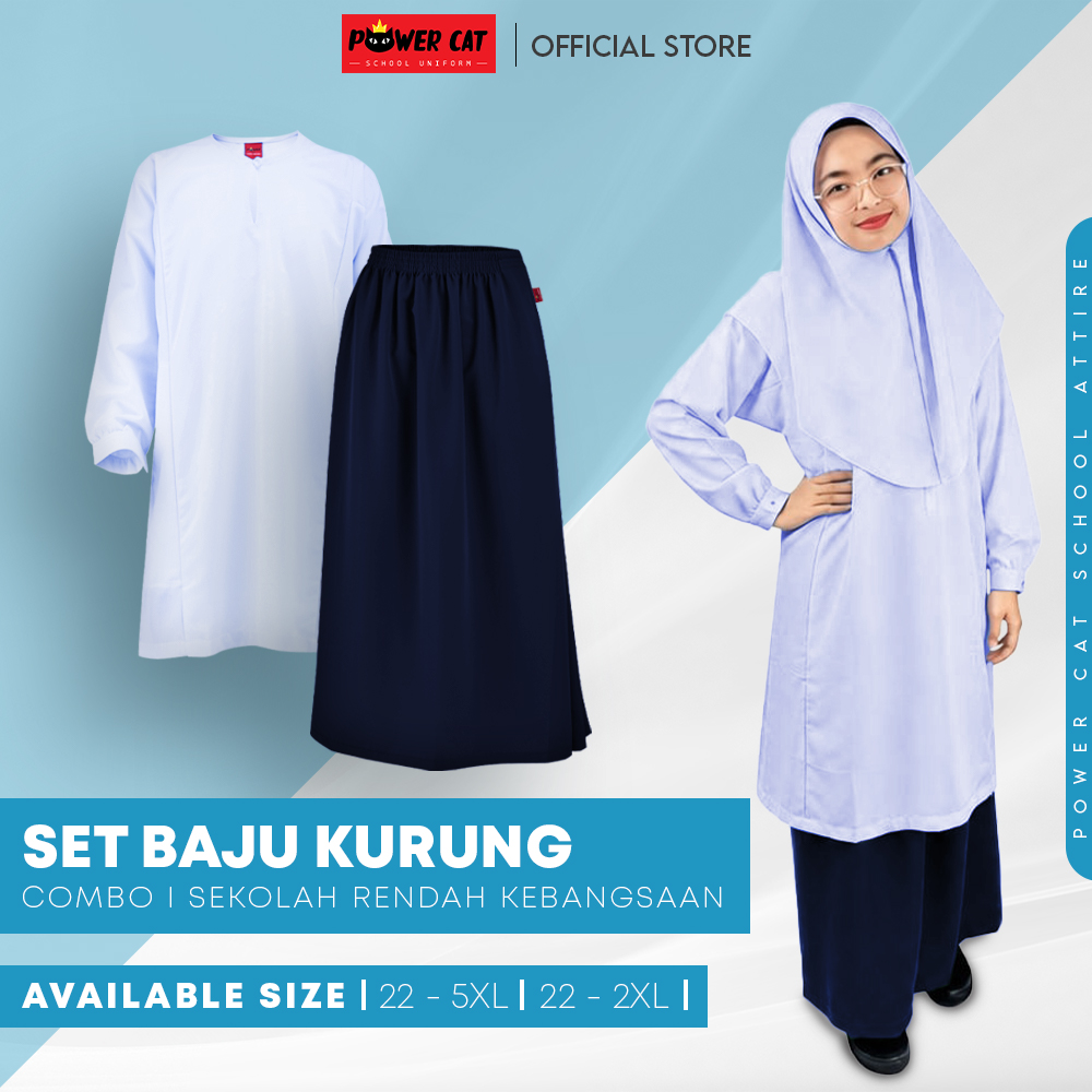 POWER CAT Sepasang Baju Kurung Cekak Koshibo Putih Nila + Kain Kurung SRK / Size : 22-2XL / Set Baju Sekolah Rendah / Primary School