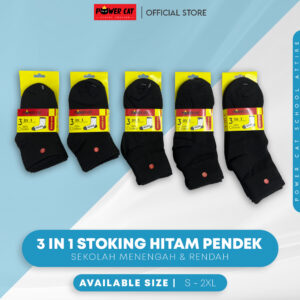 POWER CAT 3 in 1 Premium Stoking Sekolah Hitam Pendek Tebal | Size S-2XL | School Uniform Short Black Socks (Thicker)
