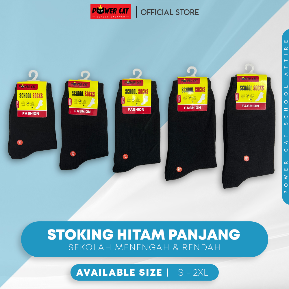 POWER CAT Premium Stoking Sekolah Hitam Panjang Tebal | Size S-2XL | School Uniform Long Black Socks (Thicker)