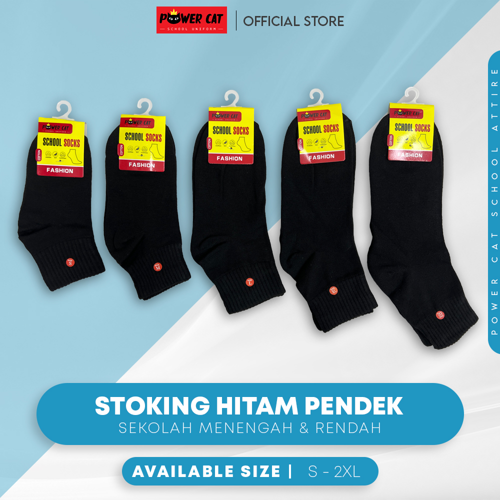 POWER CAT Premium Stoking Sekolah Hitam Pendek Tebal | Size S-2XL | School Uniform Short Black Socks (Thicker)