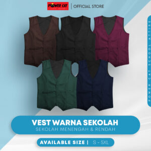 POWER CAT Vest Sekolah 5 Warna Pilihan | Size S-6XL | School Uniform Vest | Black, Navy Blue, Brown, Dark Green, Maroon