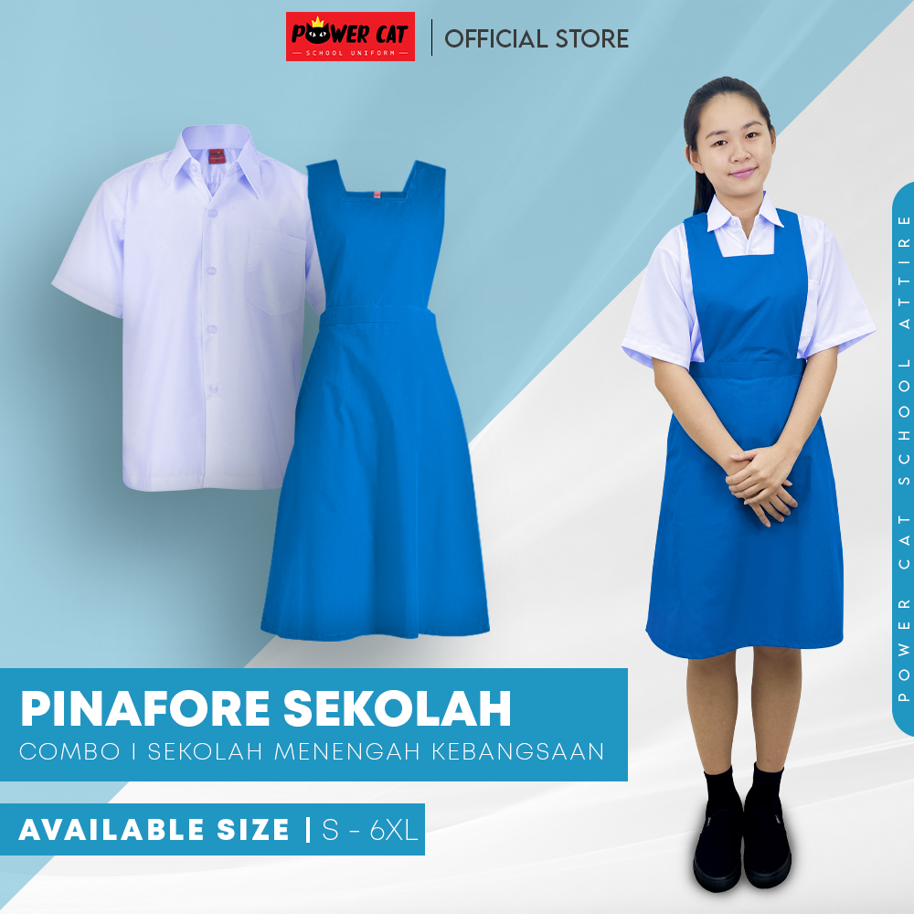 POWER CAT School Uniform Secondary Pinafore - Size : S-6XL + White Shirt Koshibo Short Sleeve-Size : 13-4XL | Sepasang Sekolah Menengah Pinafore